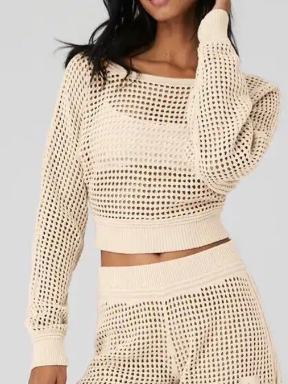 XS Alo Yoga Beige Open Knit Crochet Cropped Sweater Pullover